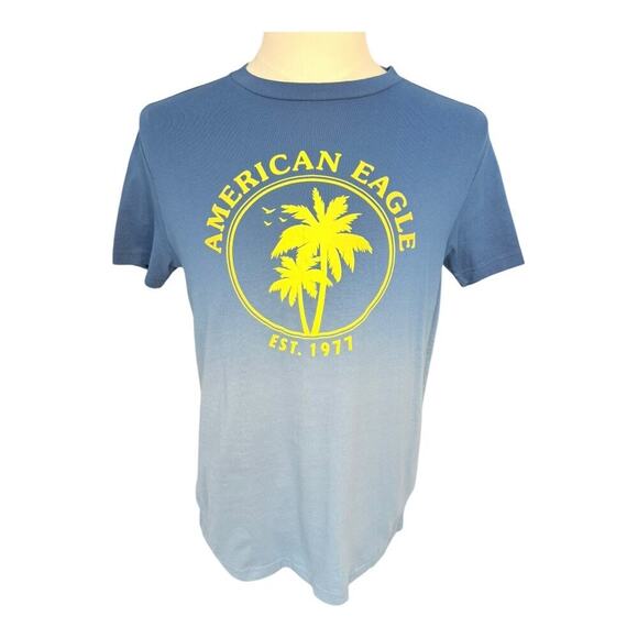 NEW American Eagle Men's Medium Blue Dip-Dye Graphic T-Shirt Palm Tree Logo NWOT - Picture 1 of 4